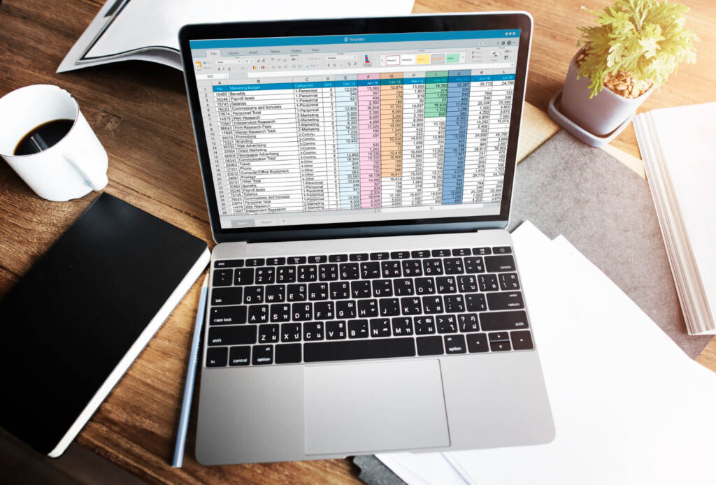 Company’s year-end accounts spreadsheet showing categorised financial data for reporting purposes