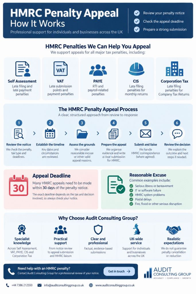 HMRC penalty appeal UK process with appeal deadlines, reasonable excuse and supporting evidence
