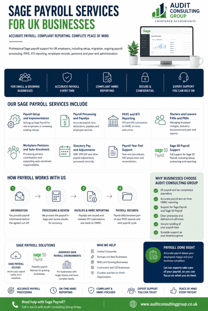 Professional Sage payroll services for UK businesses – payroll setup, processing, PAYE, RTI, pensions and Sage 50 support
