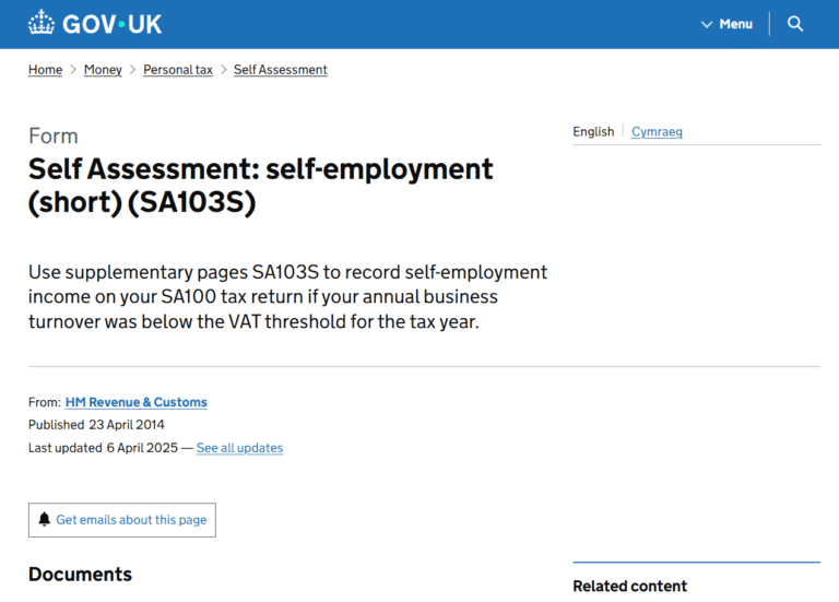 SA103 Form: Self-Employment Self Assessment