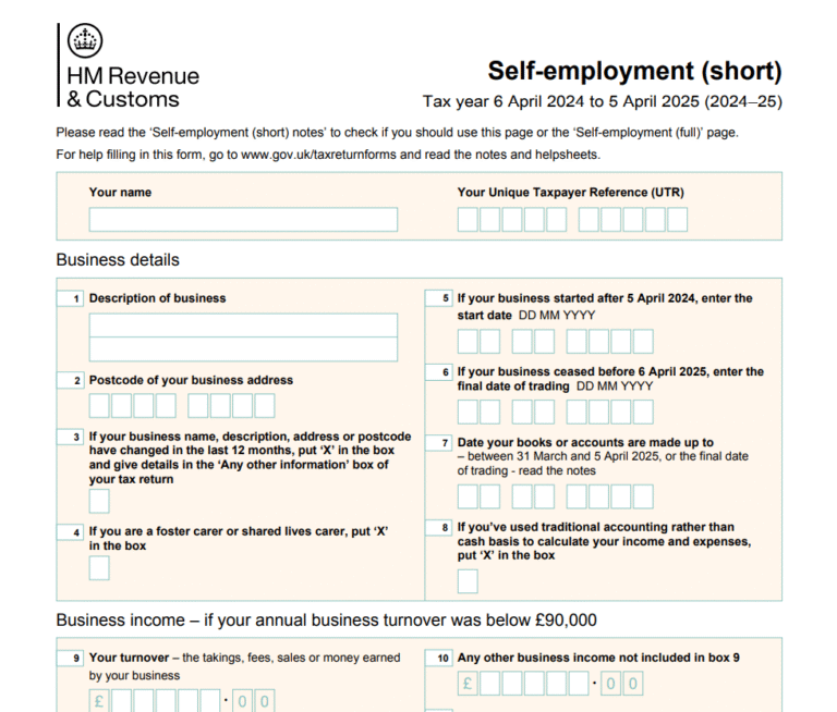 SA103 Form: Self-Employment Self Assessment