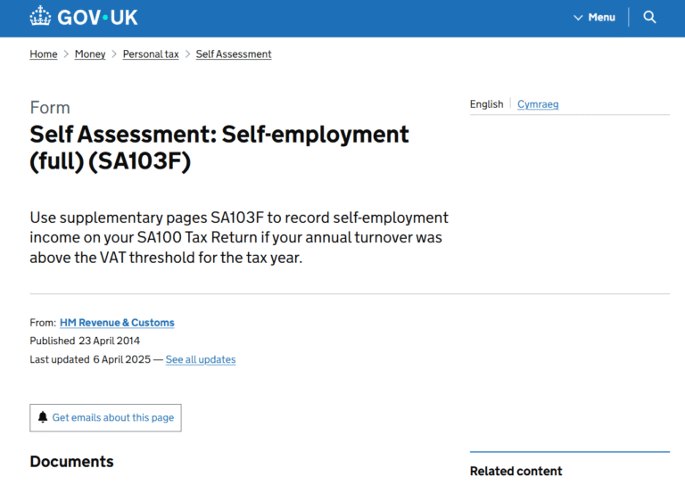 SA103 Form: Self-Employment Self Assessment