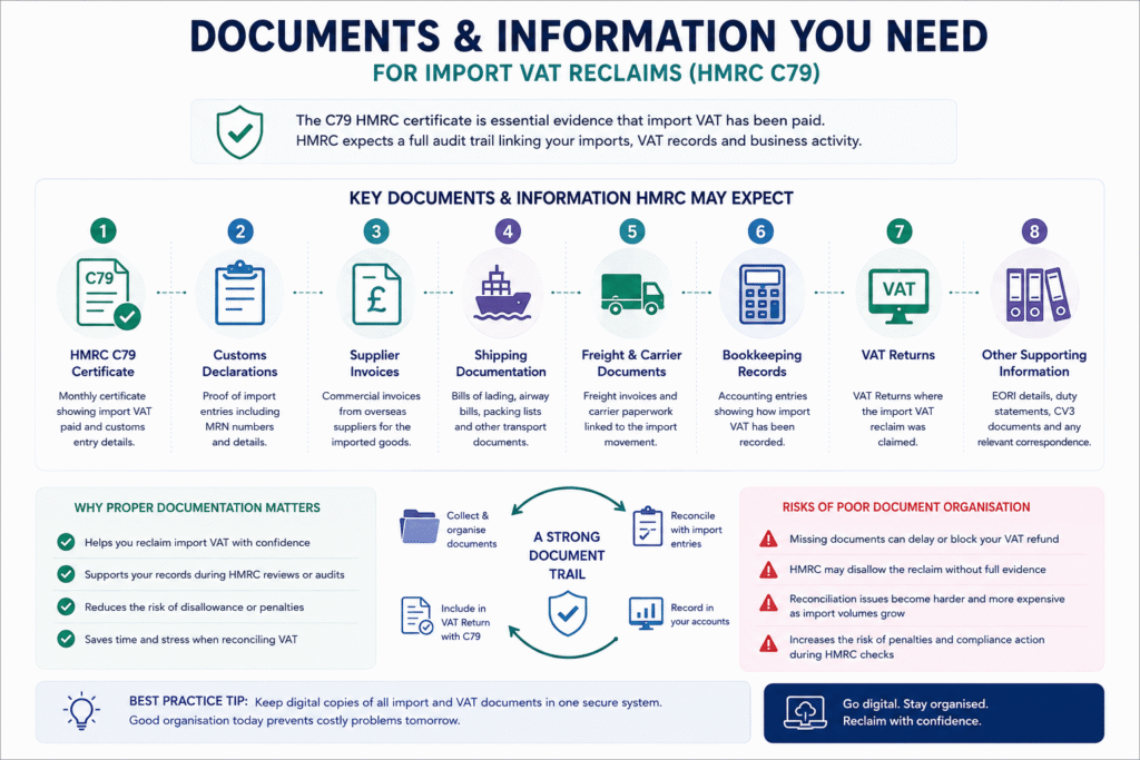 HMRC C79 certificate and import VAT reporting infographic for UK importers