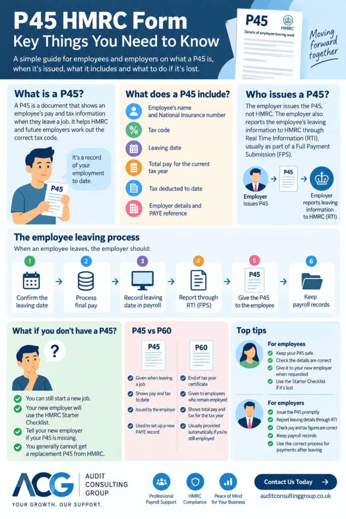 P45 HMRC form infographic showing what a P45 is, what information it includes, who issues it, the employee leaving process and what to do if a P45 is missing