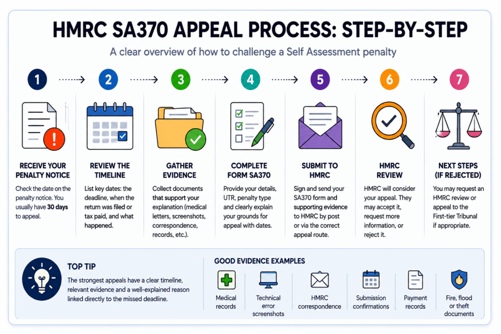 HMRC SA370 Self Assessment penalty appeal process step-by-step infographic