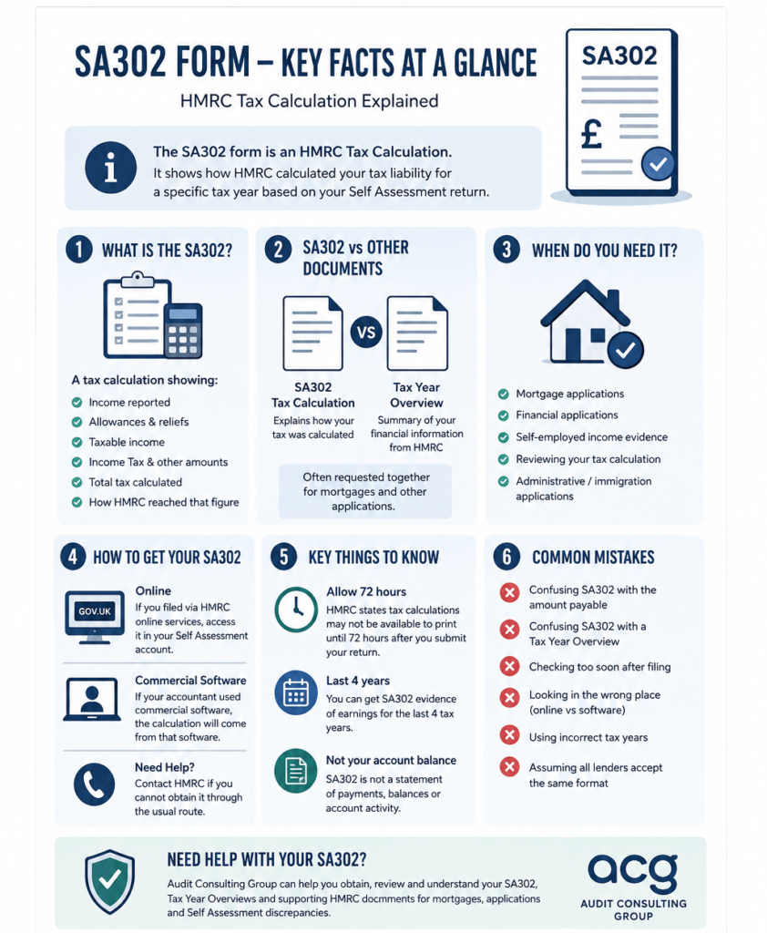 HMRC SA302 form guide showing tax calculation, how to get SA302, Tax Year Overview, 72-hour rule and common mistakes