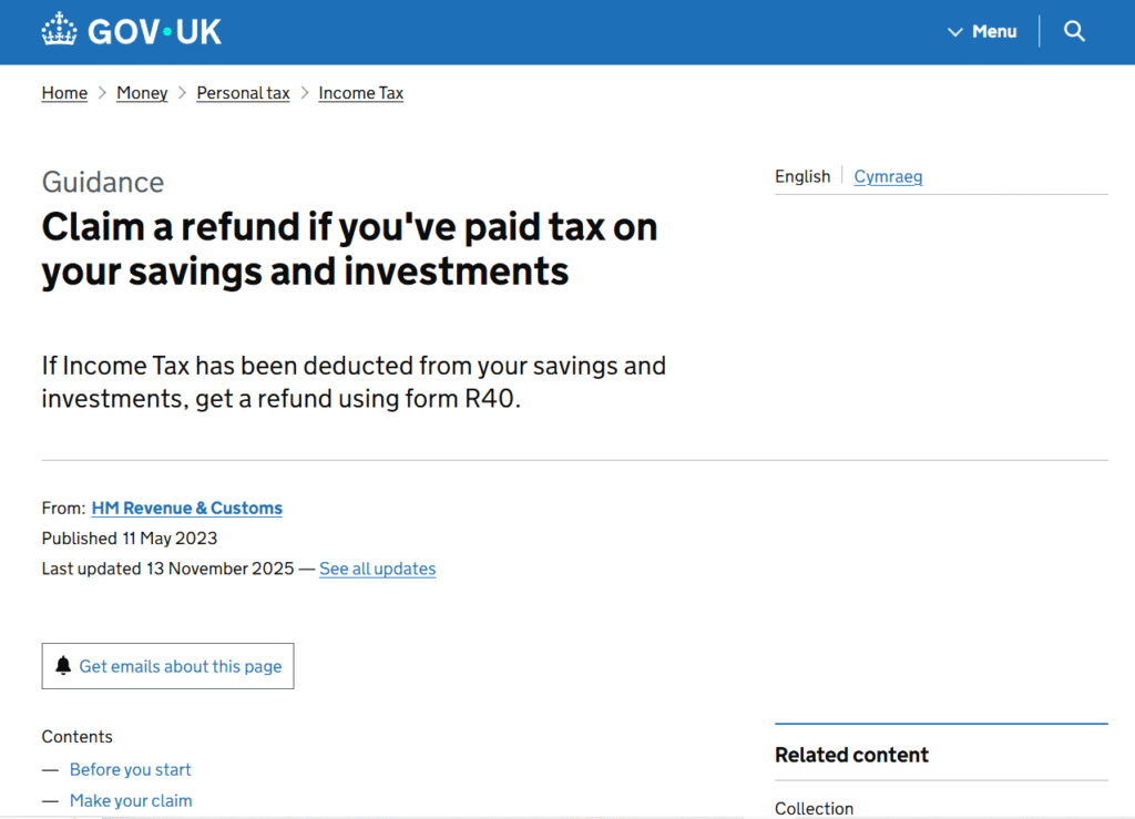 R40 tax form submission for claiming tax refunds on savings and investments in the UK