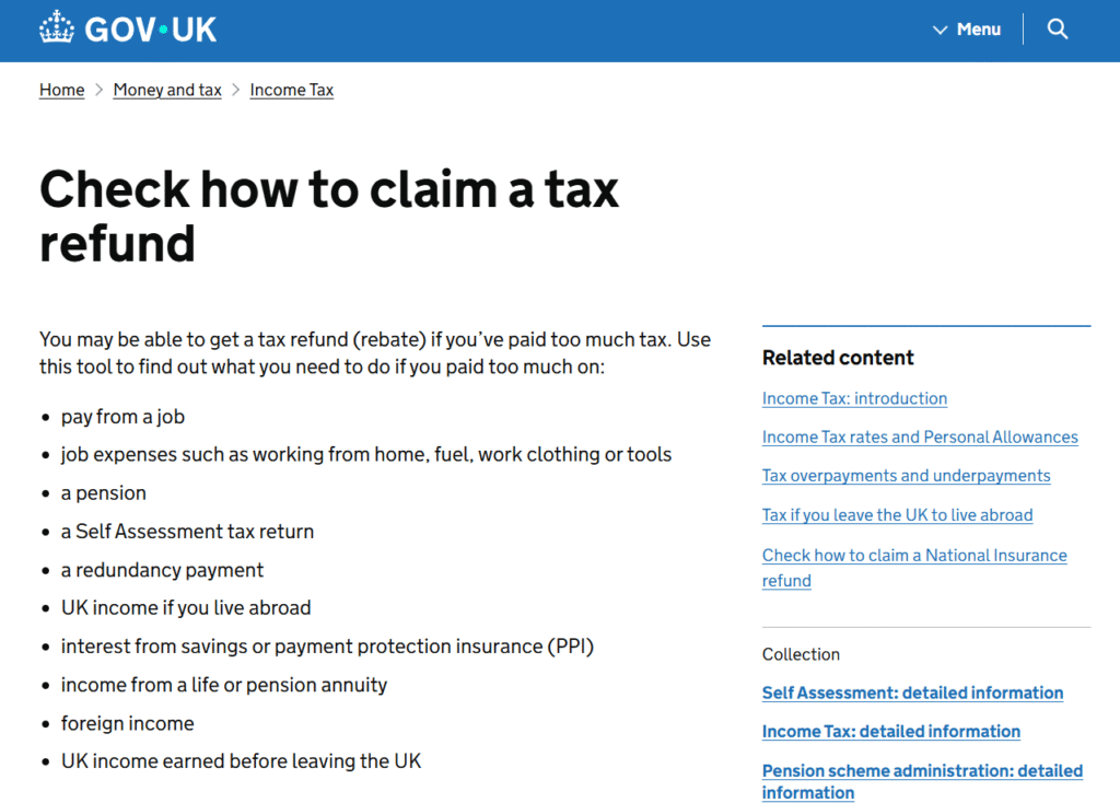 UK tax refund application using R40 form for overpaid tax and savings income