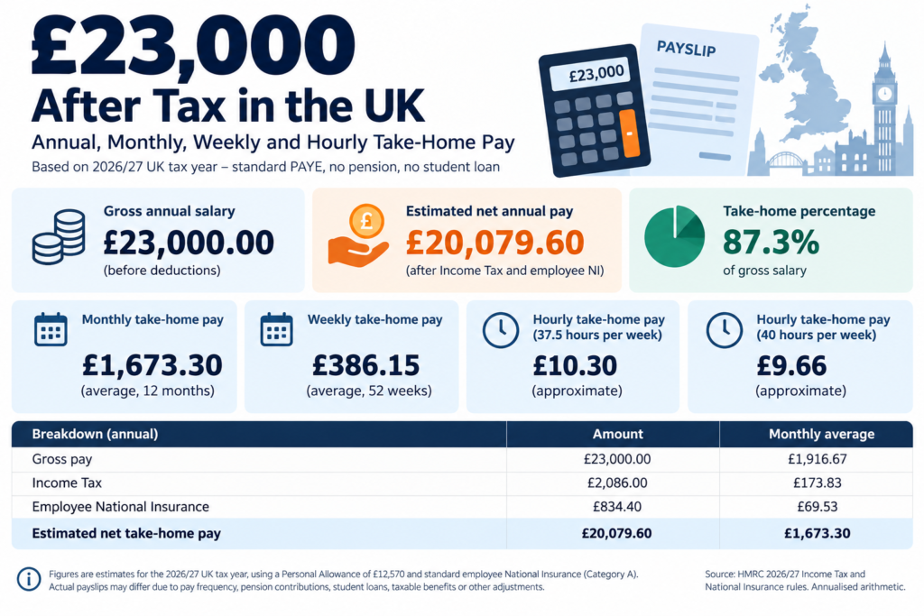 £23,000 after tax UK 202627 infographic showing £20,079.60 annual take-home pay, £1,673.30 monthly, £386.15 weekly and hourly net pay.