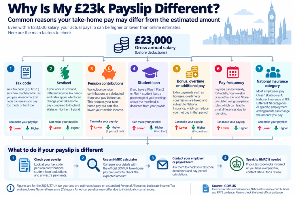 £23,000 after tax UK 202627 infographic showing why take-home pay may differ due to tax codes, Scottish Income Tax, pensions, student loans, bonuses, pay frequency and National Insurance.