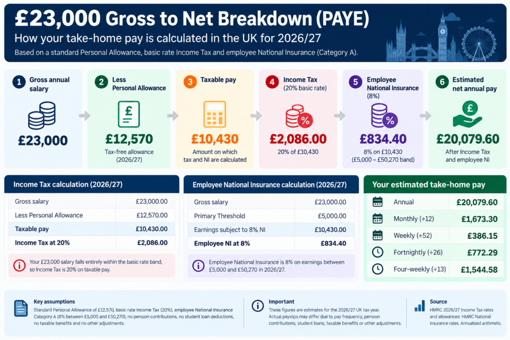 £23,000 gross to net salary breakdown UK 202627 showing £12,570 Personal Allowance, £2,086 Income Tax, £834.40 National Insurance and £20,079.60 annual take-home pay.