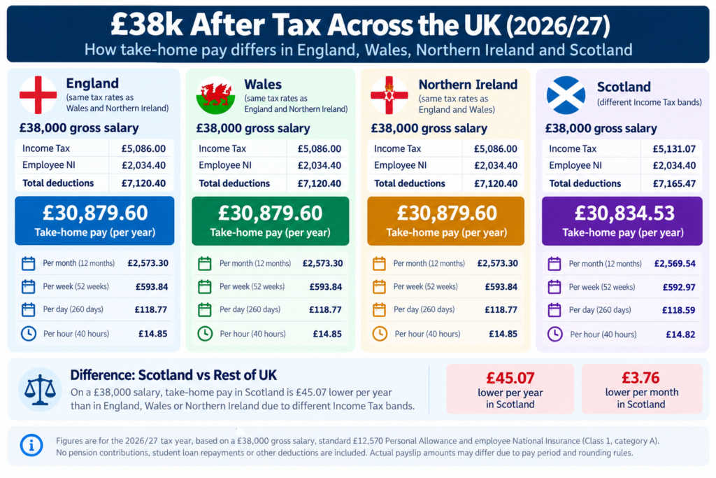 £38k after tax Scotland vs England, Wales and Northern Ireland in 202627, comparing annual take-home pay of £30,834.53 and £30,879.60 respectively.