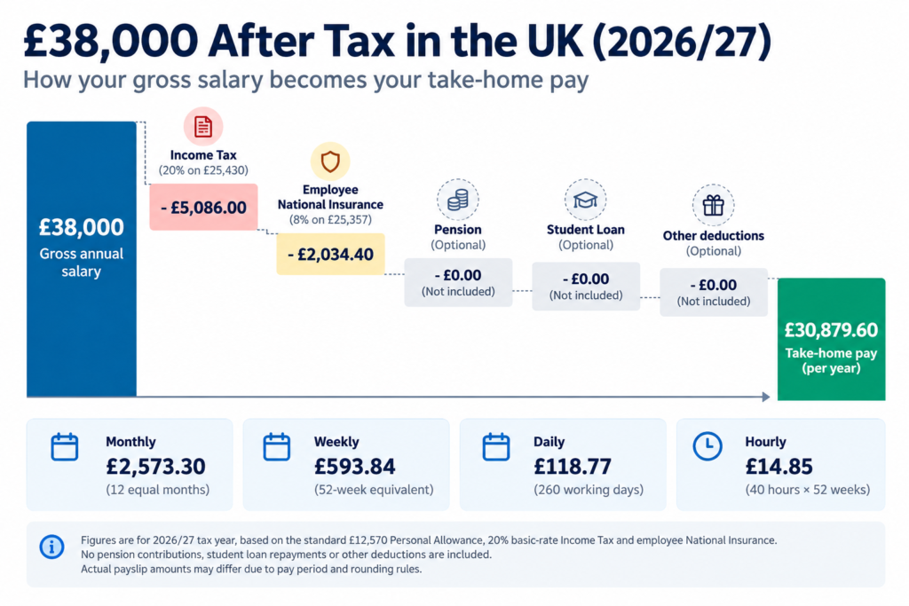 £38k after tax UK 202627 infographic showing £38,000 gross salary, £5,086 Income Tax, £2,034.40 National Insurance and £30,879.60 annual take-home pay (£2,573.30 monthly).