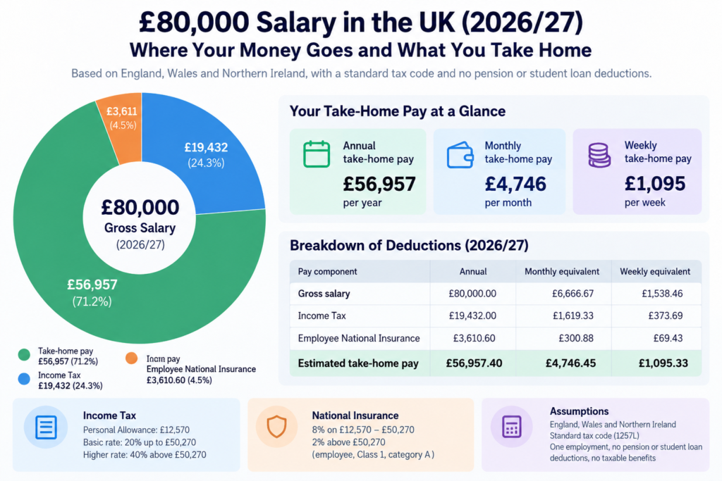 £80,000 salary after tax UK 202627 infographic showing £56,957.40 annual take-home pay, Income Tax and National Insurance deductions.