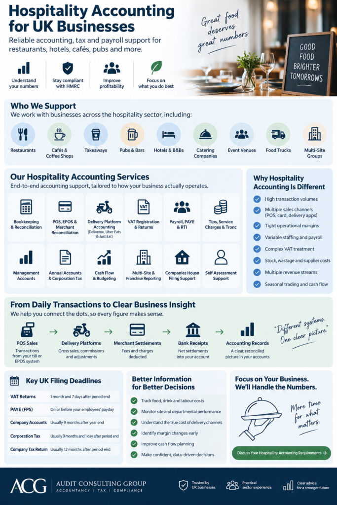 Hospitality accountants UK infographic showing bookkeeping, POS and delivery platform reconciliation, VAT, payroll, management accounts and key filing deadlines