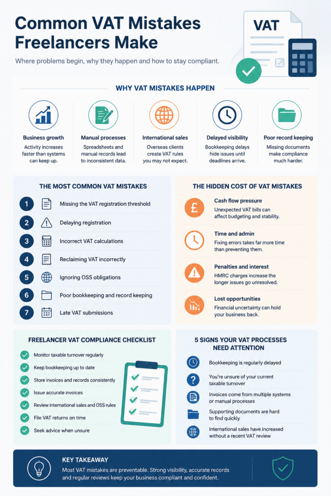 Common VAT mistakes freelancers make in the UK, including VAT registration, VAT filing, bookkeeping errors and VAT compliance risks
