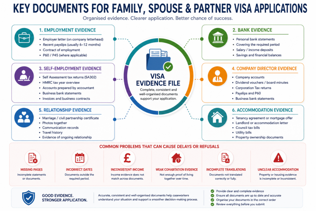 Key financial, relationship and accommodation documents for UK spouse and partner visa applications