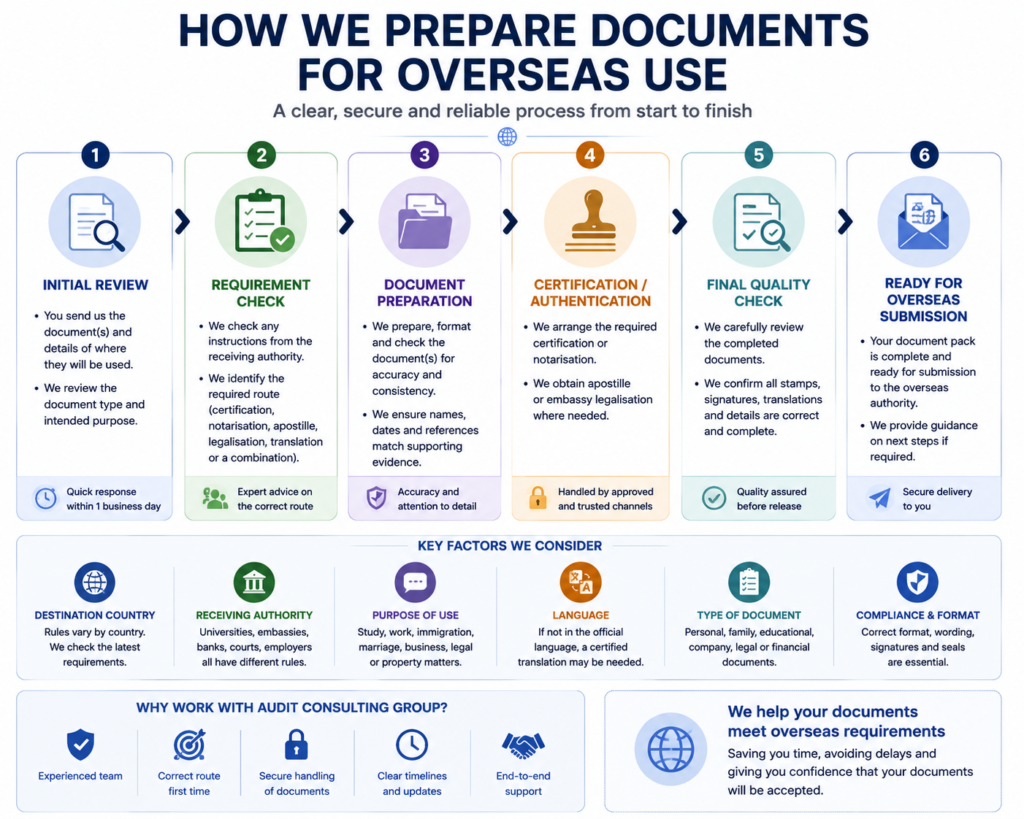 Process for preparing UK documents for overseas use from initial review to certification, authentication and final submission
