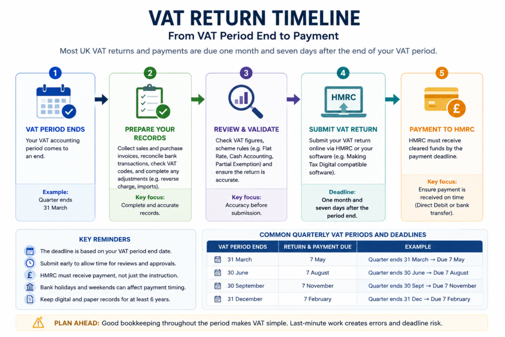 UK VAT return timeline showing period end, record preparation, review, submission and payment deadlines