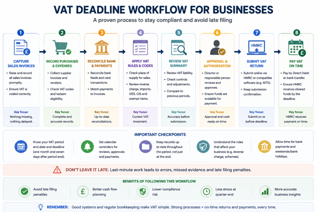 VAT deadline workflow for UK businesses covering invoices, bookkeeping, VAT checks, HMRC submission and payment