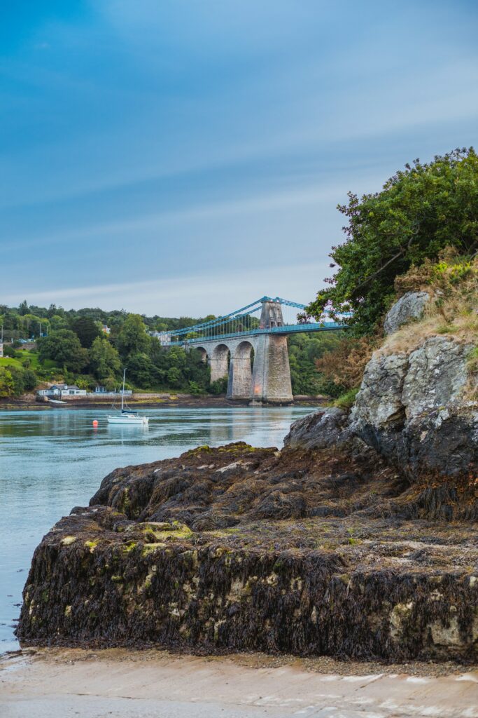 Menai Suspension Bridge and coastal landscape near Bangor