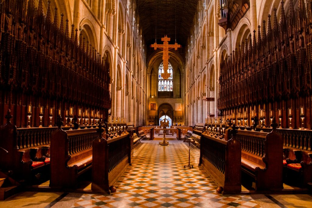 Interior of Peterborough Cathedral with historic architecture