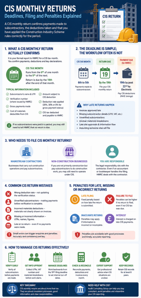 CIS monthly returns UK infographic explaining filing deadlines, subcontractor verification, common mistakes, penalties and CIS compliance