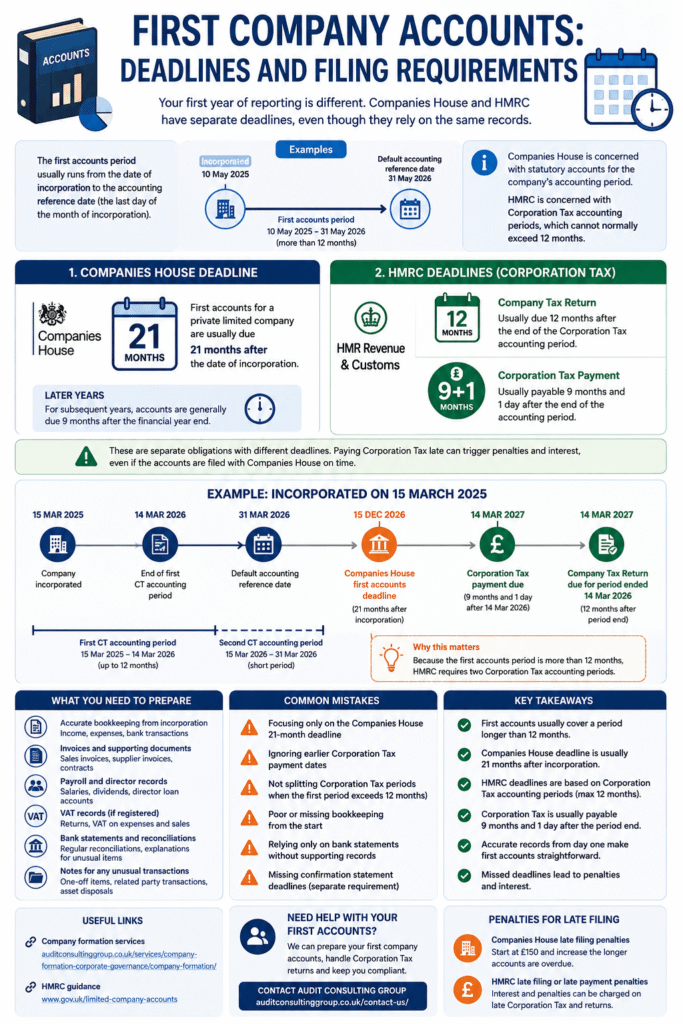 First company accounts deadlines UK infographic showing Companies House filing and HMRC Corporation Tax deadlines