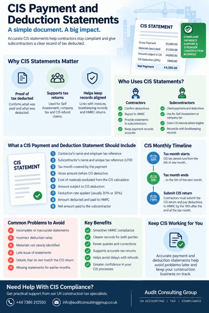 CIS payment and deduction statement infographic showing CIS deductions, contractor and subcontractor responsibilities, monthly deadlines and common CIS errors in the UK