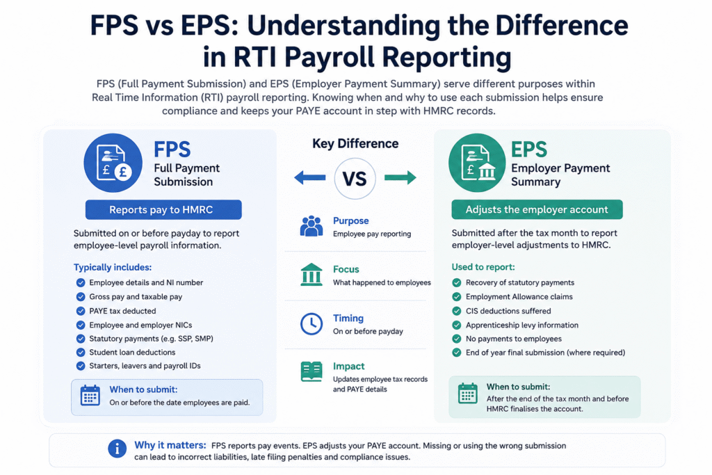 FPS vs EPS infographic comparing Full Payment Submission and Employer Payment Summary for HMRC RTI payroll reporting