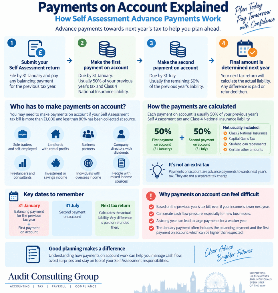 Payments on account UK infographic showing Self Assessment advance payments, 50% calculation and 31 January and 31 July deadlines