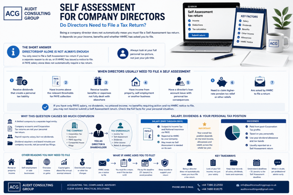 Self Assessment for company directors UK infographic explaining when directors need to file a tax return
