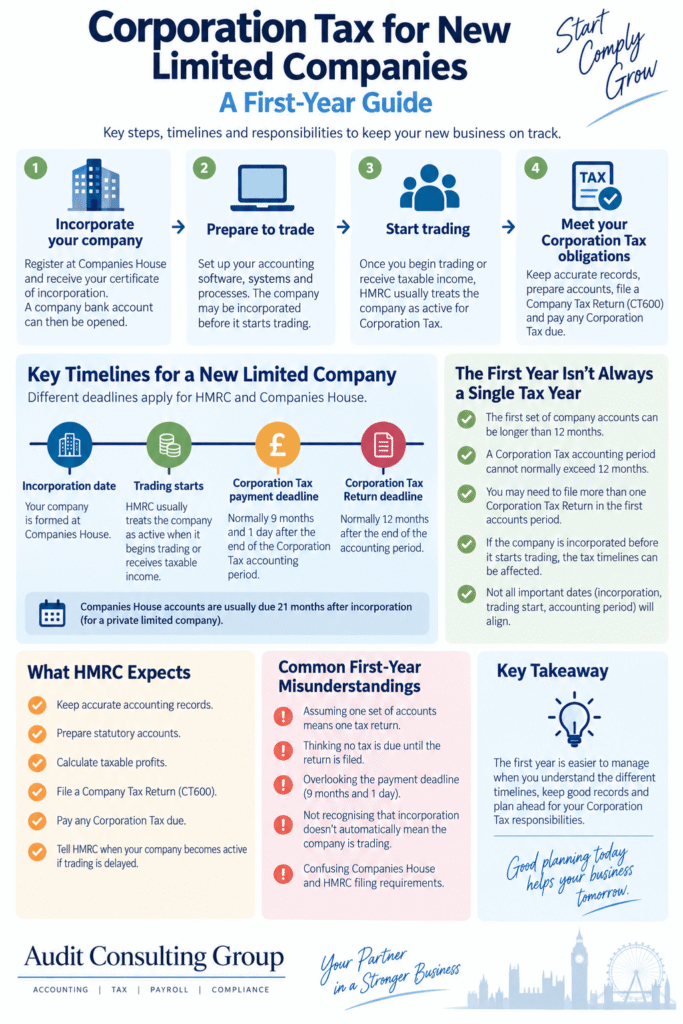 Corporation Tax for new limited companies UK infographic showing first-year HMRC deadlines, tax responsibilities and filing timeline