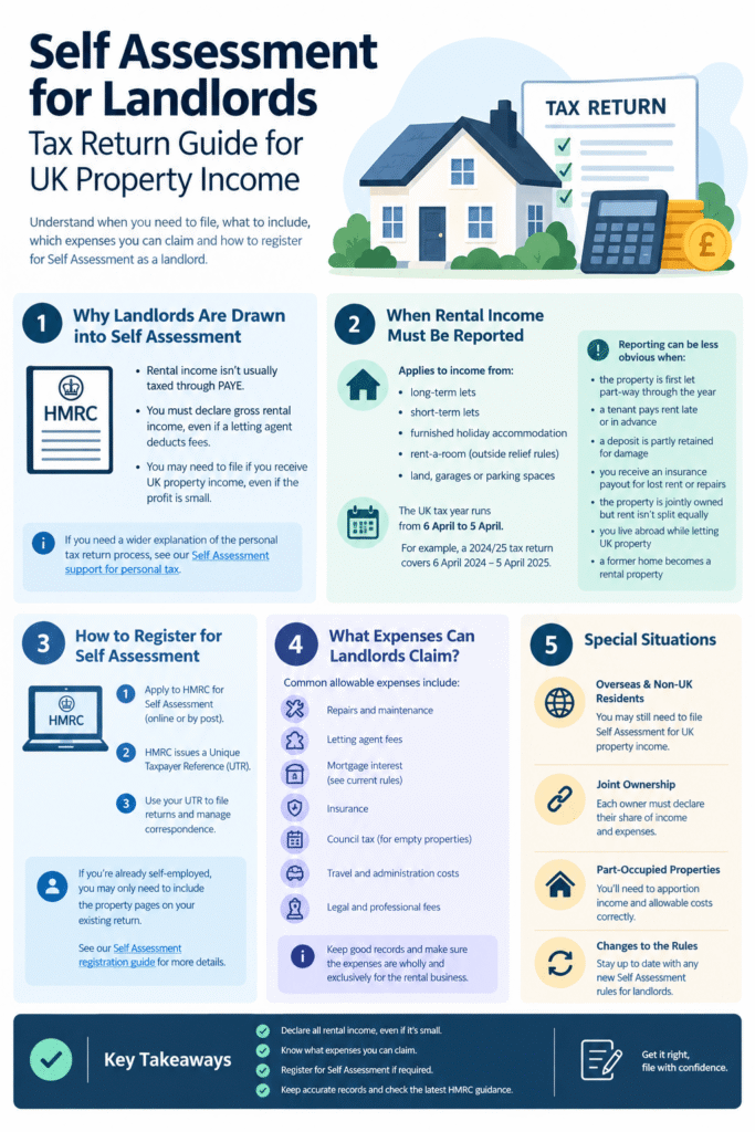 Self Assessment for landlords UK infographic explaining rental income reporting, HMRC registration, allowable property expenses and landlord tax return requirements