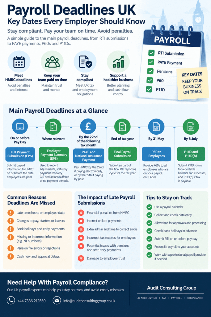 Payroll deadlines UK infographic showing FPS, EPS, PAYE and National Insurance payment, P60 and P11D deadlines for UK employers