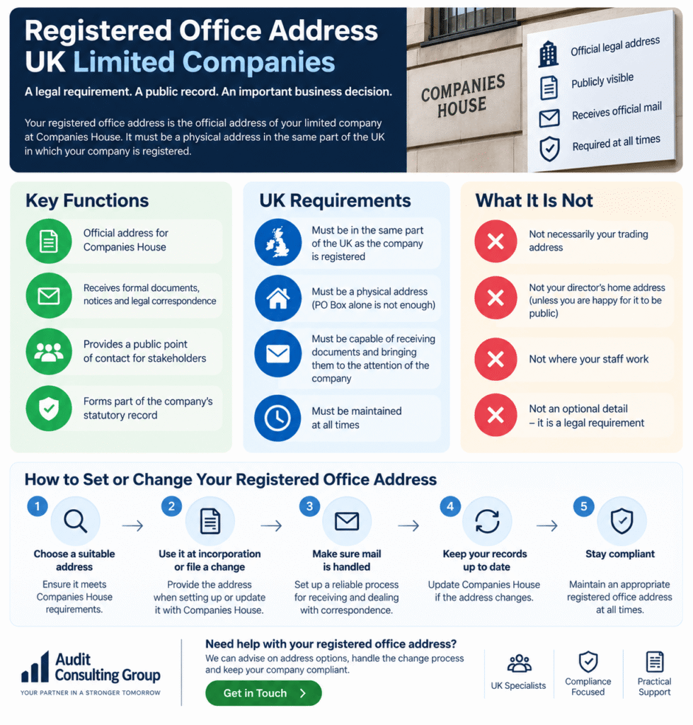 Registered office address UK infographic showing Companies House requirements, key functions and address change process for limited companies