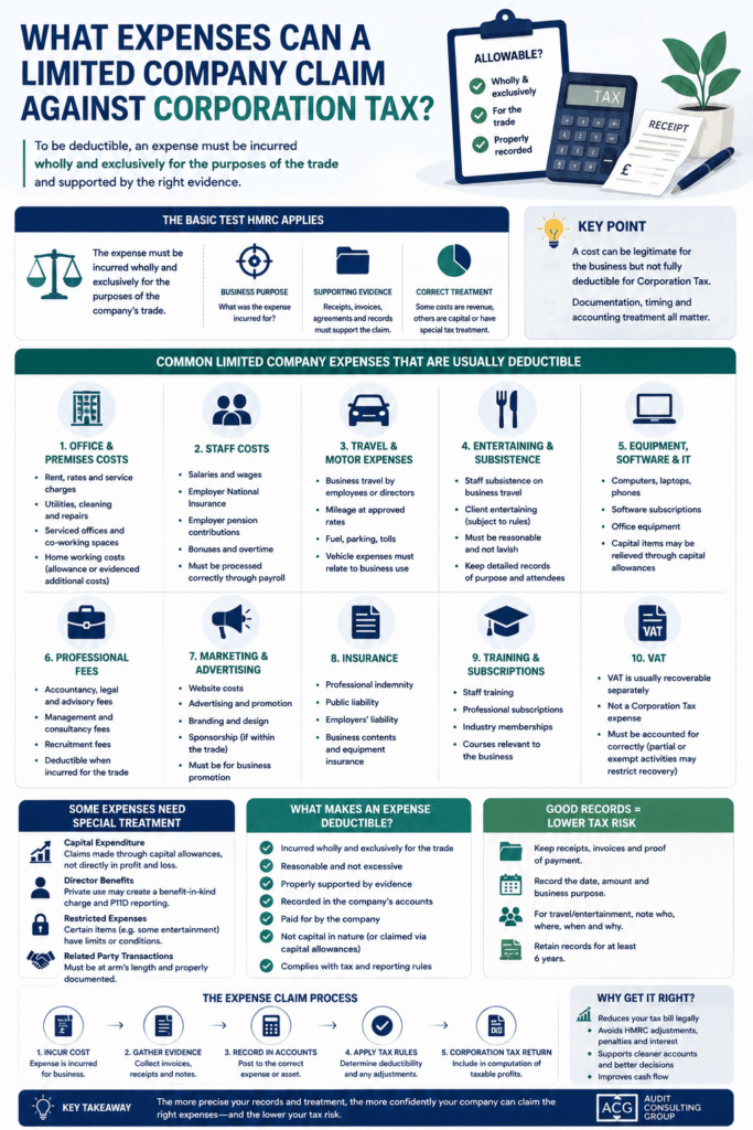 UK limited company allowable expenses for Corporation Tax infographic showing deductible business costs and HMRC expense rules
