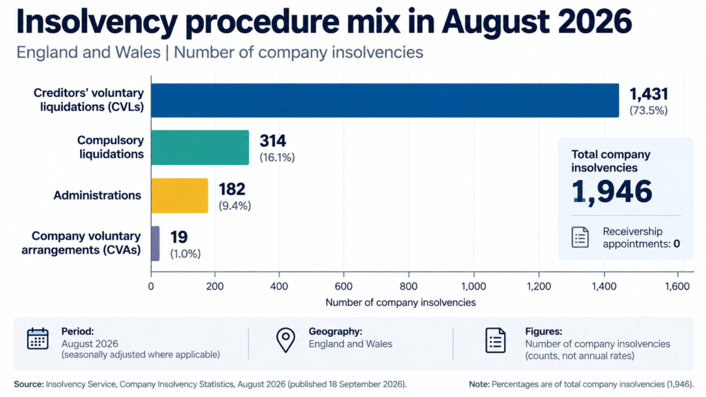 Horizontal bar chart showing company insolvency procedures in England and Wales in August 2026 1,431 creditors’ voluntary liquidations (73.5%), 314 compulsory liquidations (16.1%), 182 administrations (9.4%) and 19 company voluntary arrangements (1.0%), out of 1,946 total insolvencies.