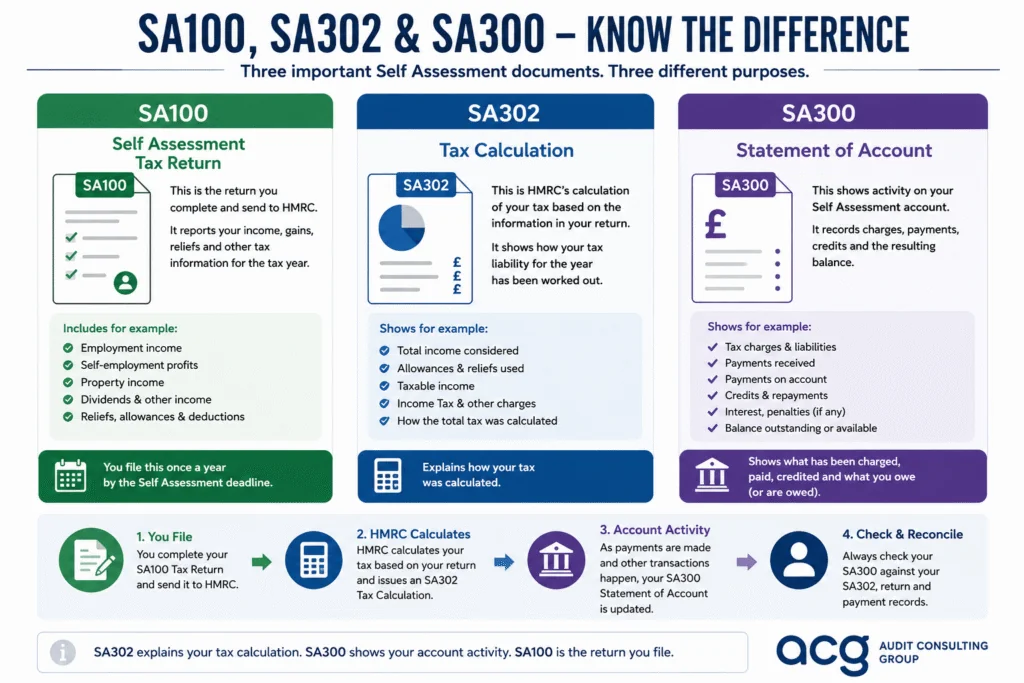 HMRC SA300 form infographic comparing SA300 Statement of Account, SA302 Tax Calculation and SA100 Self Assessment Tax Return