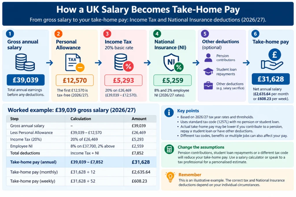 UK gross salary to take-home pay calculation for 2026/27, showing Income Tax, National Insurance and net monthly salary.