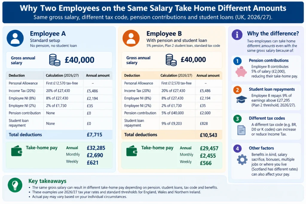 Comparison of UK take-home pay for two employees earning £40,000, showing how pension contributions, student loans and tax codes affect net salary.