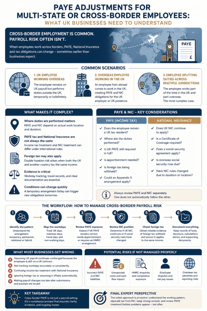 Cross-border PAYE adjustments and UK payroll compliance infographic for overseas employees and international staff