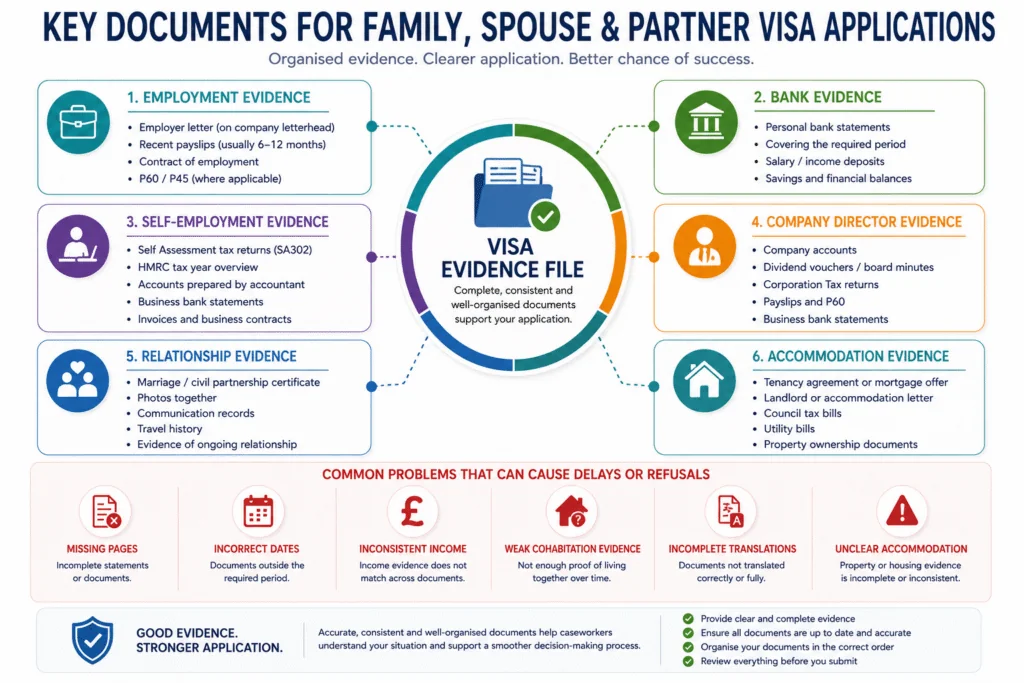 Key financial, relationship and accommodation documents for UK spouse and partner visa applications