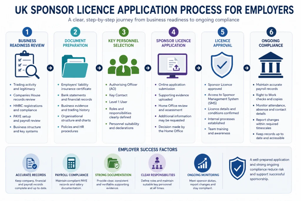 UK sponsor licence application process showing business readiness checks, document preparation, key personnel selection, Home Office submission, licence approval and ongoing compliance responsibilities
