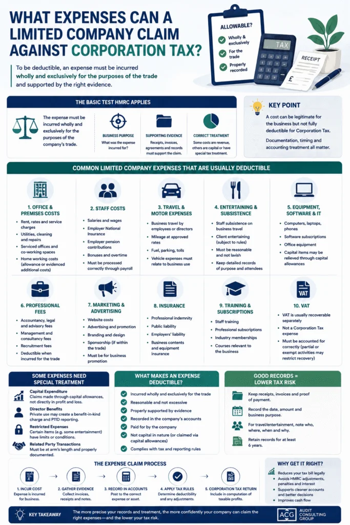 UK limited company allowable expenses for Corporation Tax infographic showing deductible business costs and HMRC expense rules